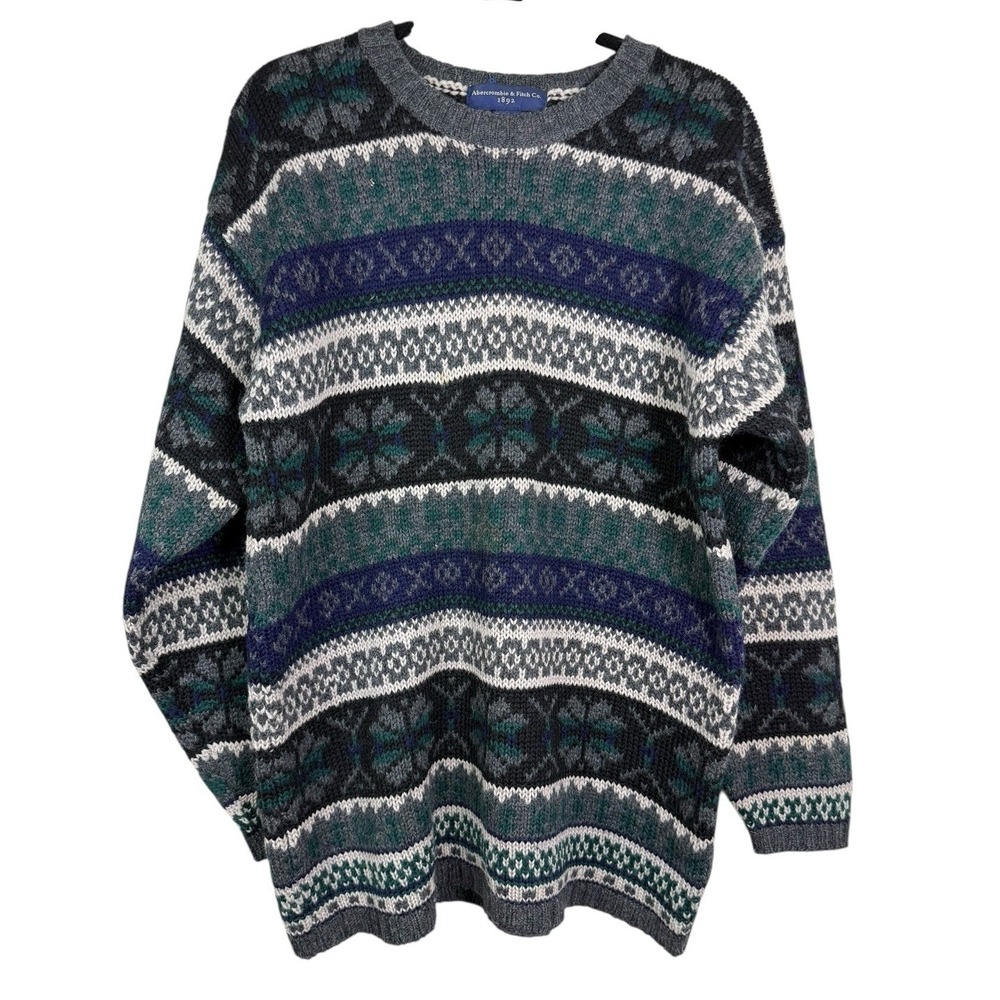 Abercrombie‎ & Fitch Vintage Wool Fair Isle Sweater Mens Large Grey Blue Green